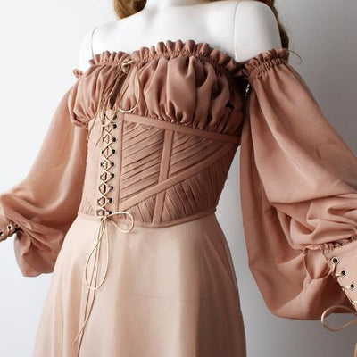 Esme beige lace up pleated corset with puff sleeves